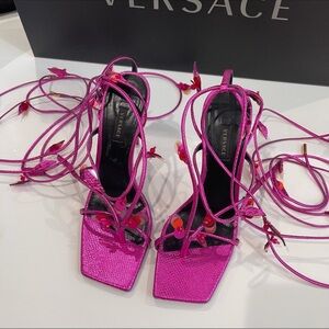 Versace karung leaf ankle strap sandals heels